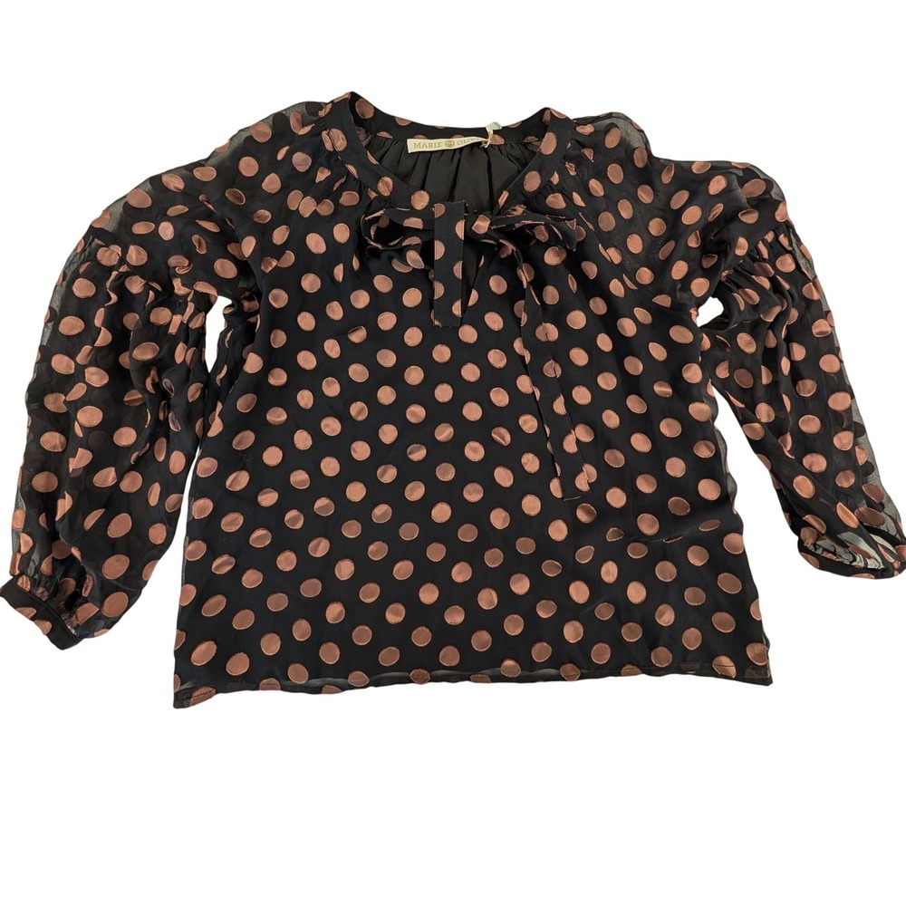 Marie Oliver Silk Blend  Rare Polka Burnout Tie Neck Blouse Black Long Sleeve